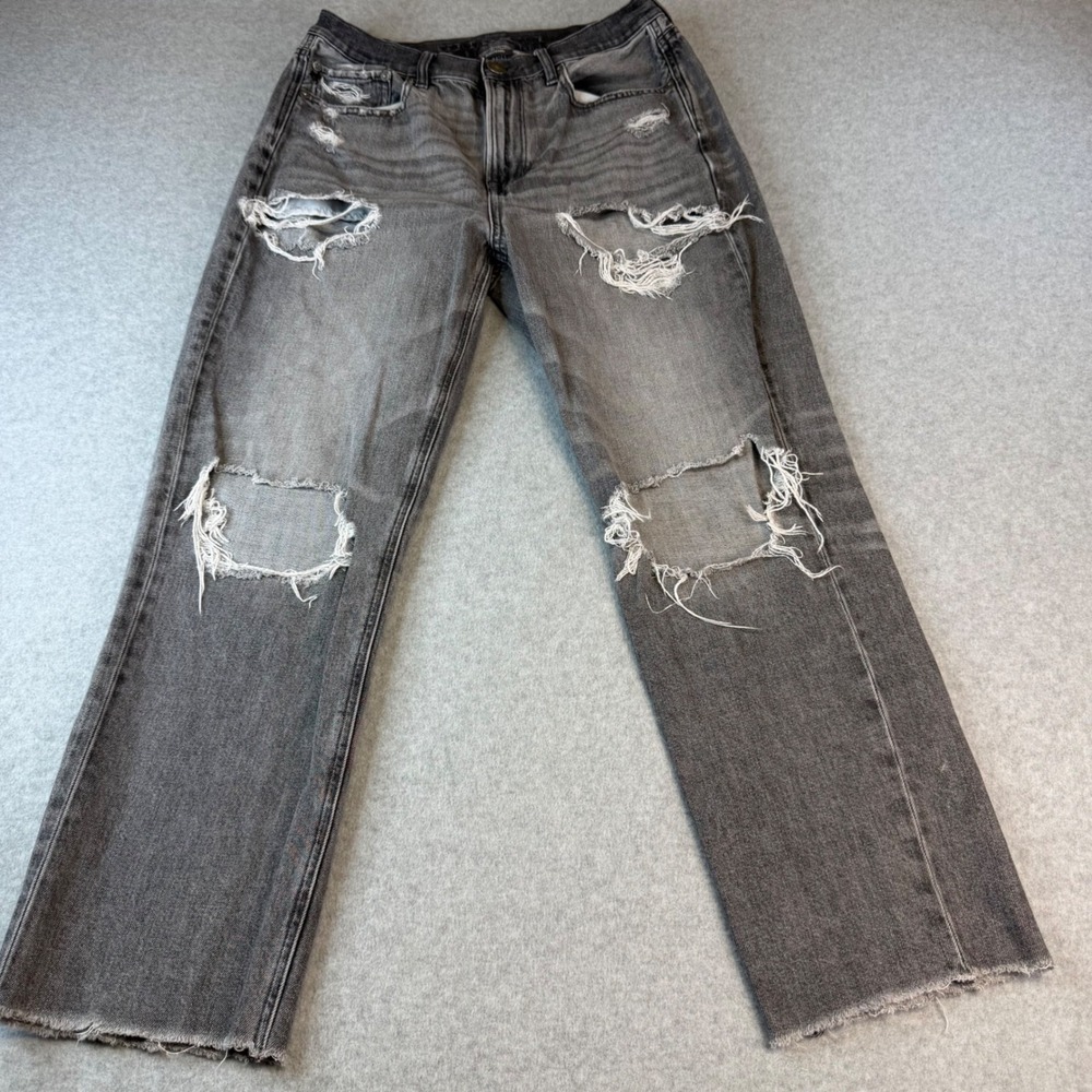 American Eagle Distressed Mom Jeans Black Faded High Waisted Raw Hem 29x26